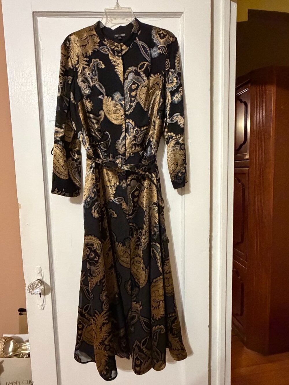 Lafayette 148 New York Black Gold Paisley Devore Long Belted Dress w/Tie Cuffs